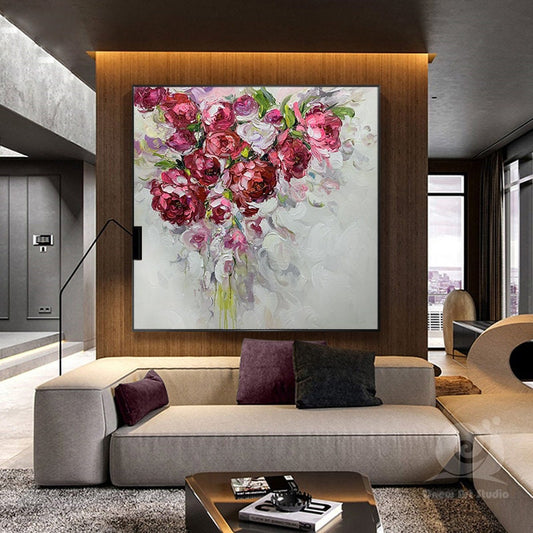 Large Abstract Roses oil Painting on Canvas, Original Red Flowers Canvas Wall Art, Modern Floral Oil Painting for Living room, Bedroom Décor