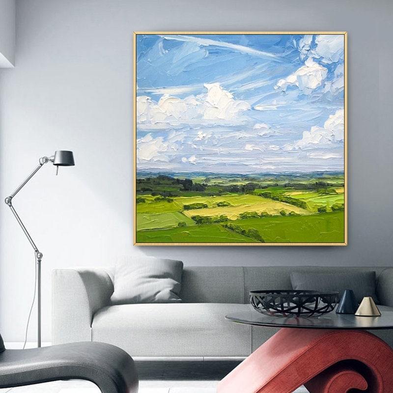 Large Abstract Landscape Oil Painting on Canvas, Original Clouds and Field Scenery Canvas Art, Modern Nature Art for Living Room, Home Décor