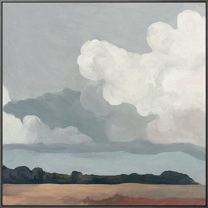 May include: An abstract landscape painting featuring a cloudy sky and a field. The sky is painted in shades of gray and blue, with large, fluffy white clouds. Below, a dark green treeline sits above a tan field. The artwork is framed in a simple black frame.