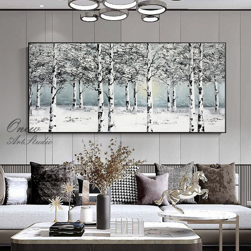 Original Birch Trees Canvas Wall Art, Abstract Snow Landscape Oil Painting on Canvas, Modern Forest Wall Art for Living Room, Home Décor