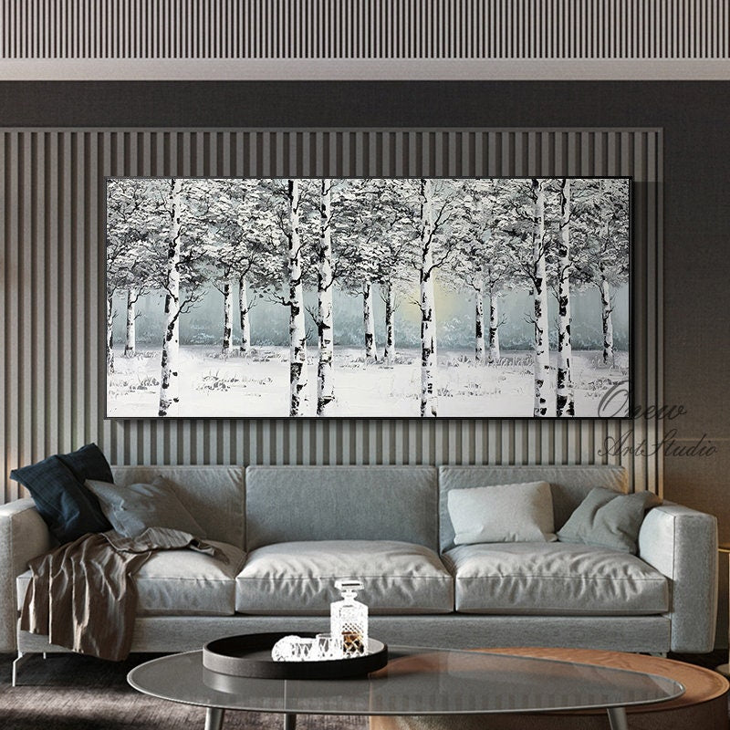 Original Birch Trees Canvas Wall Art, Abstract Snow Landscape Oil Painting on Canvas, Modern Forest Wall Art for Living Room, Home Décor