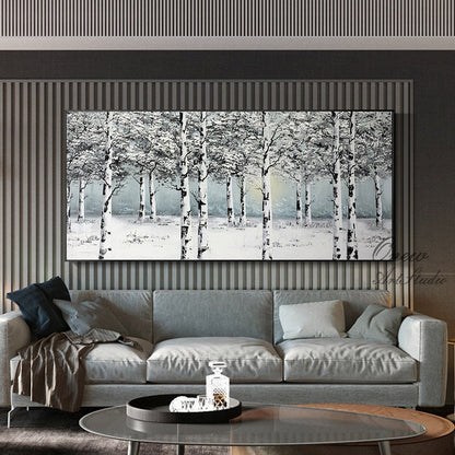 Original Birch Trees Canvas Wall Art, Abstract Snow Landscape Oil Painting on Canvas, Modern Forest Wall Art for Living Room, Home Décor