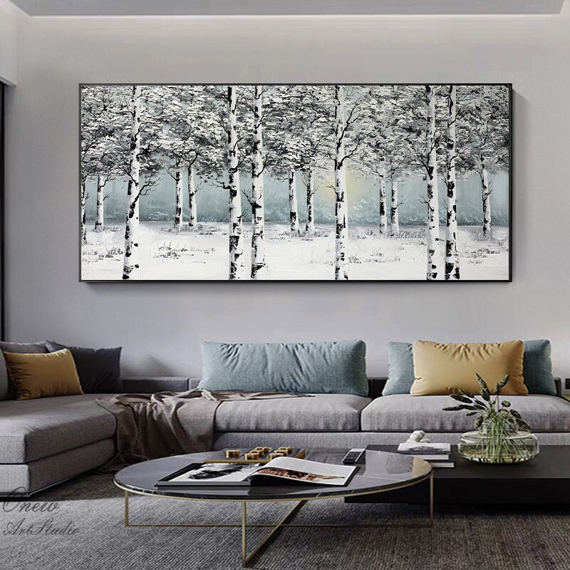 Original Birch Trees Canvas Wall Art, Abstract Snow Landscape Oil Painting on Canvas, Modern Forest Wall Art for Living Room, Home Décor