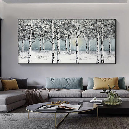 Original Birch Trees Canvas Wall Art, Abstract Snow Landscape Oil Painting on Canvas, Modern Forest Wall Art for Living Room, Home Décor