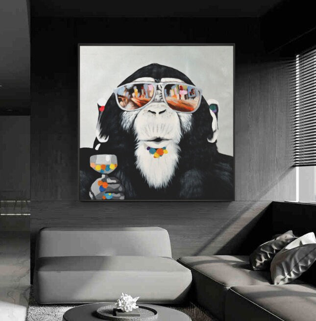 Abstract Monkey Oil Painting On Canvas, Large Original Monkey Canvas Wall Art, Banksy Gorilla Modern Wall Art for Living Room, Bedroom Décor