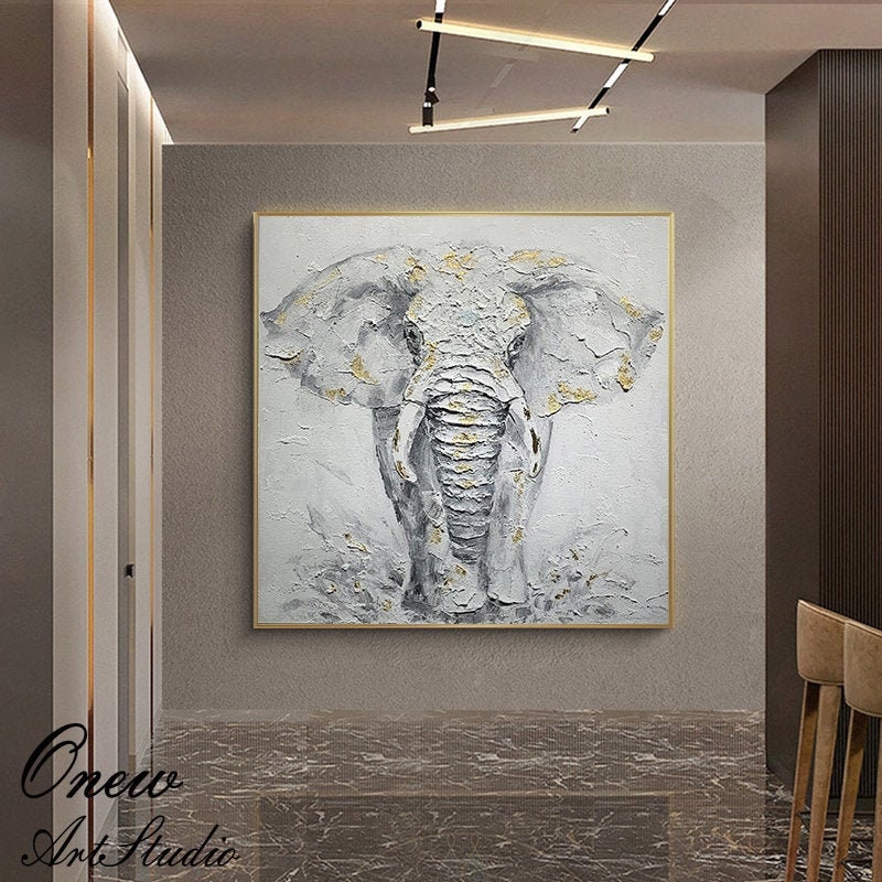 Abstract Elephant Oil Painting on Canvas, Original Hand-painted Elephant Canvas Wall Art, Modern Animal Wall Art for Living Room, Home Décor
