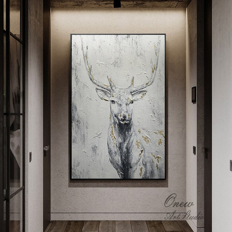 Large Abstract Deer Oil Painting on Canvas, Original Hand-painted Stag Canvas Wall Art, Modern Animal Painting for Living Room,bedroom Décor
