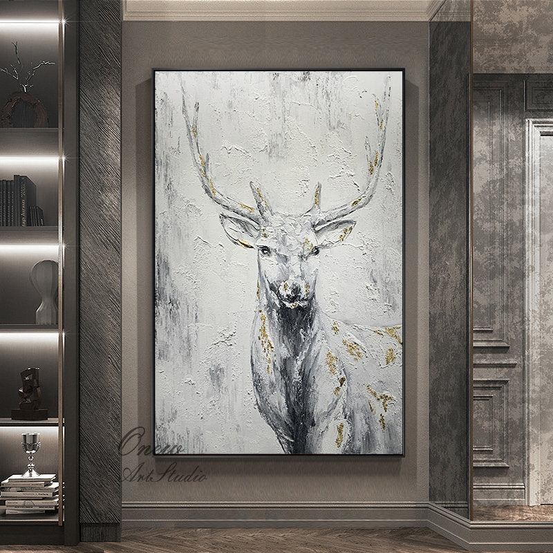 Large Abstract Deer Oil Painting on Canvas, Original Hand-painted Stag Canvas Wall Art, Modern Animal Painting for Living Room,bedroom Décor