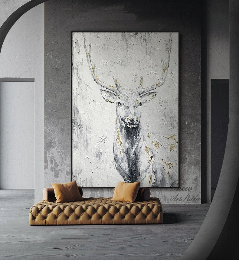 Large Abstract Deer Oil Painting on Canvas, Original Hand-painted Stag Canvas Wall Art, Modern Animal Painting for Living Room,bedroom Décor