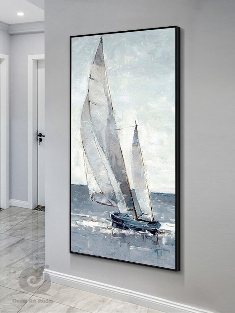 Large Abstract Sailboat Canvas Wall Art, Original Nautical Oil Painting on Canvas, Ship Painting, Modern Seascape Painting for Living Room