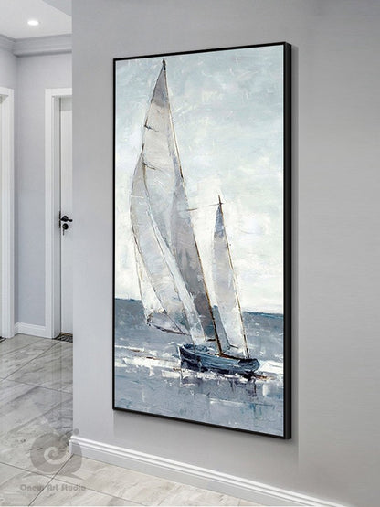 Large Abstract Sailboat Canvas Wall Art, Original Nautical Oil Painting on Canvas, Ship Painting, Modern Seascape Painting for Living Room