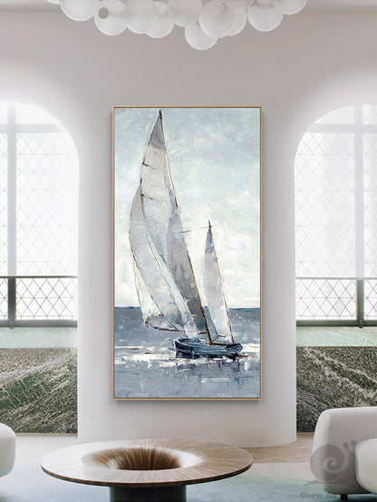 Large Abstract Sailboat Canvas Wall Art, Original Nautical Oil Painting on Canvas, Ship Painting, Modern Seascape Painting for Living Room