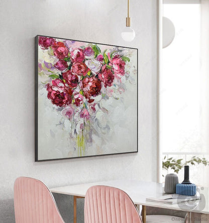 Large Abstract Roses oil Painting on Canvas, Original Red Flowers Canvas Wall Art, Modern Floral Oil Painting for Living room, Bedroom Décor