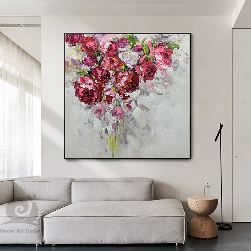 Large Abstract Roses oil Painting on Canvas, Original Red Flowers Canvas Wall Art, Modern Floral Oil Painting for Living room, Bedroom Décor