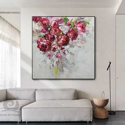 Large Abstract Roses oil Painting on Canvas, Original Red Flowers Canvas Wall Art, Modern Floral Oil Painting for Living room, Bedroom Décor