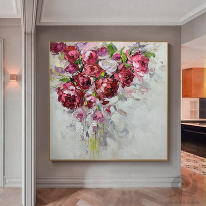 Large Abstract Roses oil Painting on Canvas, Original Red Flowers Canvas Wall Art, Modern Floral Oil Painting for Living room, Bedroom Décor