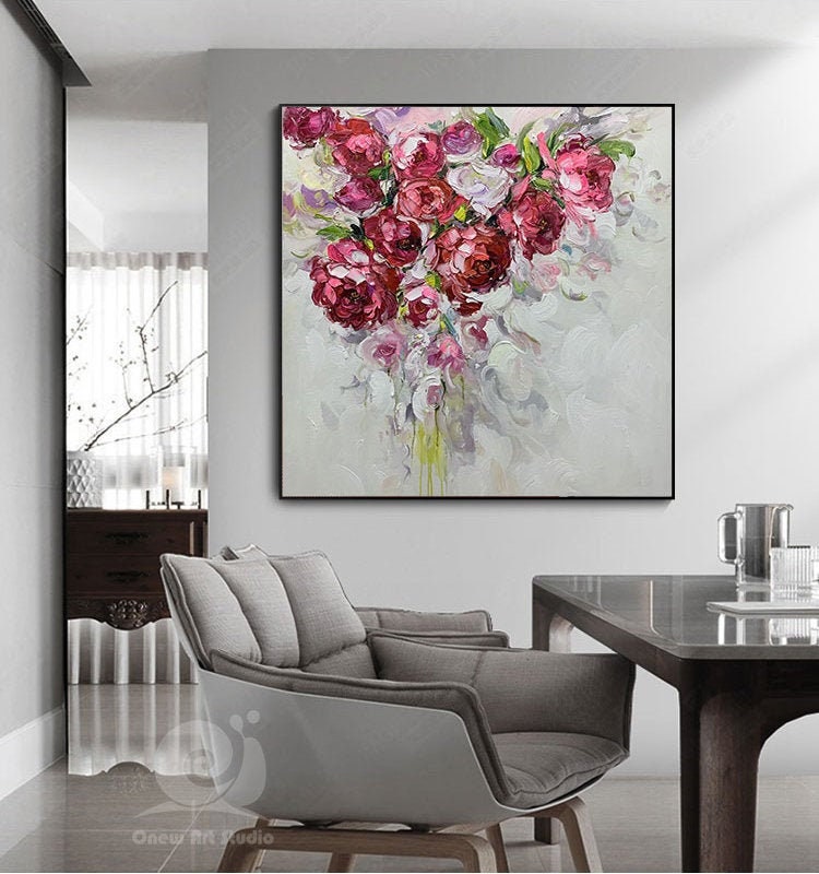 Large Abstract Roses oil Painting on Canvas, Original Red Flowers Canvas Wall Art, Modern Floral Oil Painting for Living room, Bedroom Décor