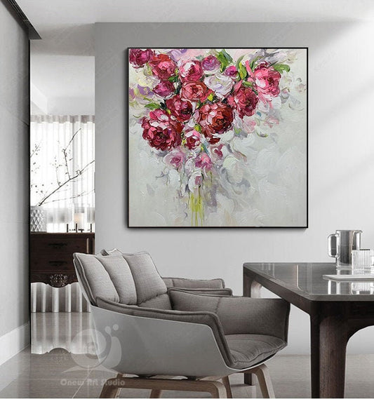 Large Abstract Roses oil Painting on Canvas, Original Red Flowers Canvas Wall Art, Modern Floral Oil Painting for Living room, Bedroom Décor