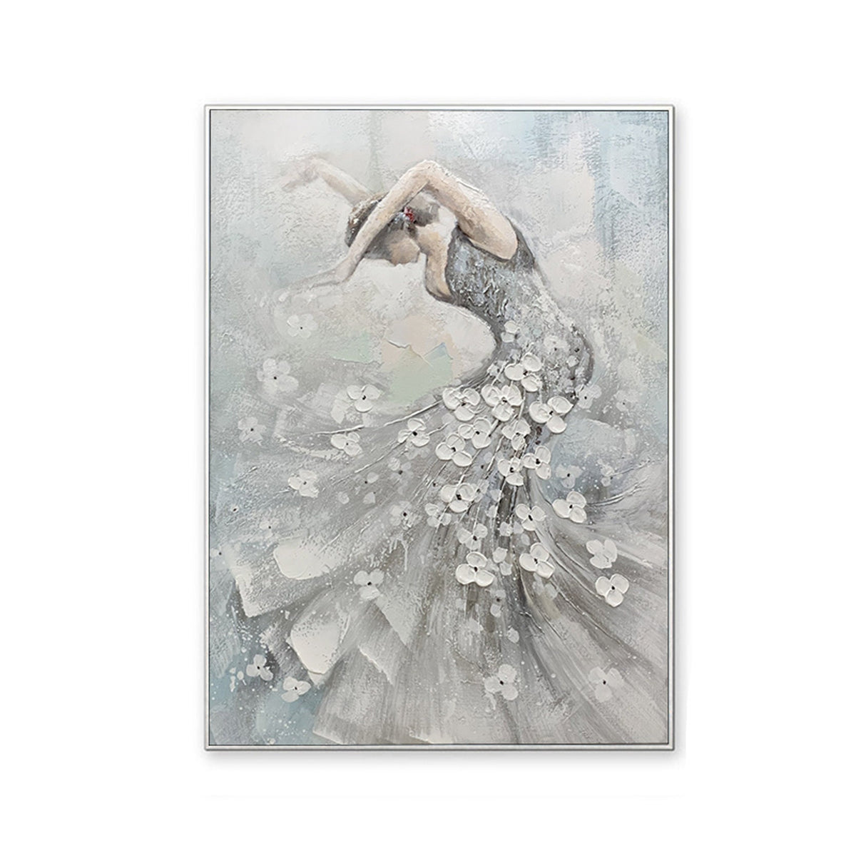 May include: An oil painting of a dancer in a flowing gray dress adorned with white floral accents. The dancer is in a graceful pose, with arms extended. The artwork is framed in a silver-colored border, creating a serene and elegant aesthetic.