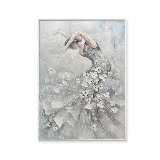 May include: An oil painting of a dancer in a flowing gray dress adorned with white floral accents. The dancer is in a graceful pose, with arms extended. The artwork is framed in a silver-colored border, creating a serene and elegant aesthetic.