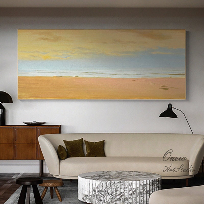 Large Abstract Beach and Clouds Canvas Art, Original Seascape Oil Painting on Canvas, Modern Minimalist Coastline Wall Art for Living Room