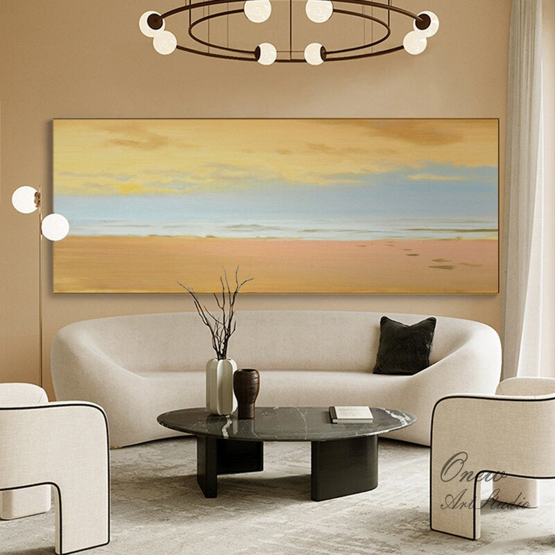 Large Abstract Beach and Clouds Canvas Art, Original Seascape Oil Painting on Canvas, Modern Minimalist Coastline Wall Art for Living Room