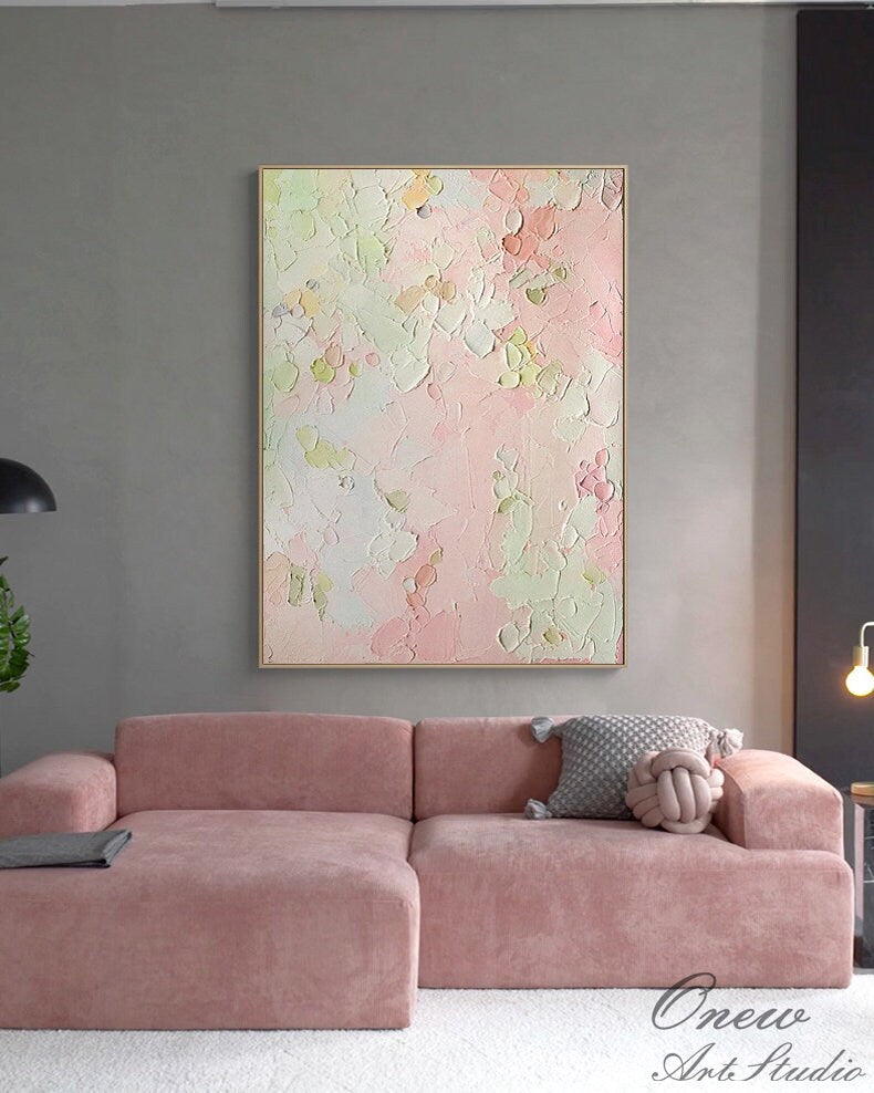 Original Pink and Green Canvas Wall Art, Large Abstract Flower Oil Painting on Canvas, Modern Textured Wall Art for Living Room, Home Decor
