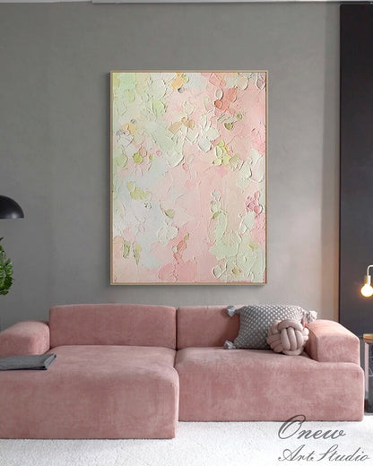Original Pink and Green Canvas Wall Art, Large Abstract Flower Oil Painting on Canvas, Modern Textured Wall Art for Living Room, Home Decor