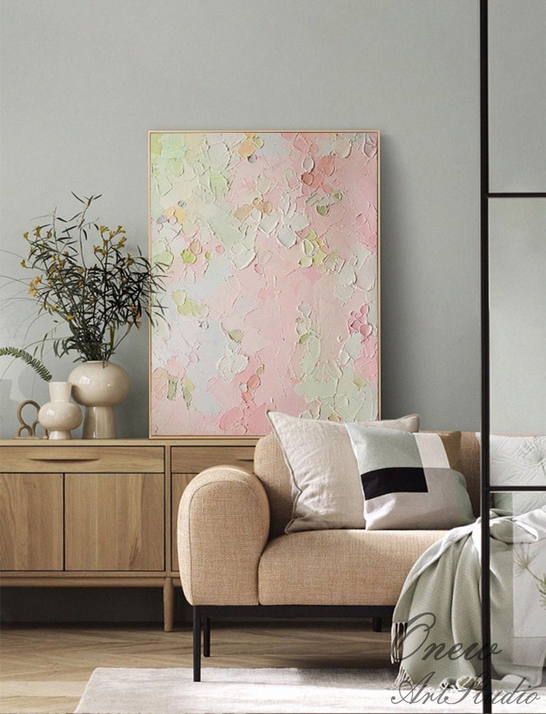 Original Pink and Green Canvas Wall Art, Large Abstract Flower Oil Painting on Canvas, Modern Textured Wall Art for Living Room, Home Decor