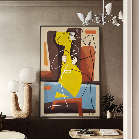 Abstract Woman Figure Oil Painting on Canvas, Large Modern Geometric Canvas Wall Art, Minimalist Female Painting for Living Room, Home Décor