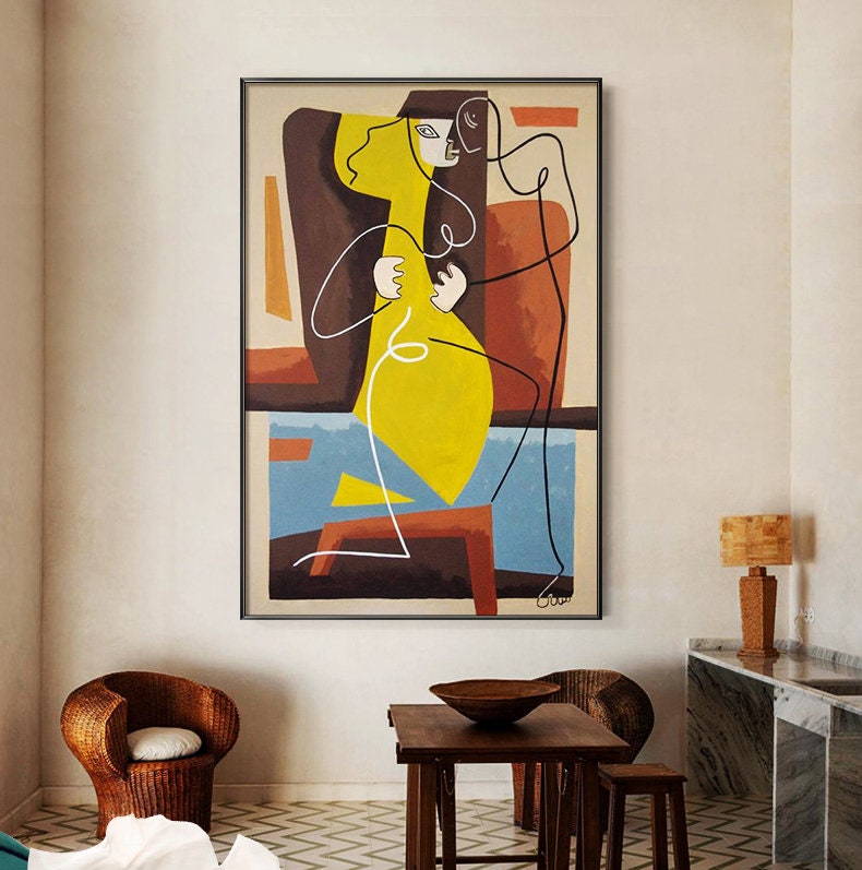 Abstract Woman Figure Oil Painting on Canvas, Large Modern Geometric Canvas Wall Art, Minimalist Female Painting for Living Room, Home Décor