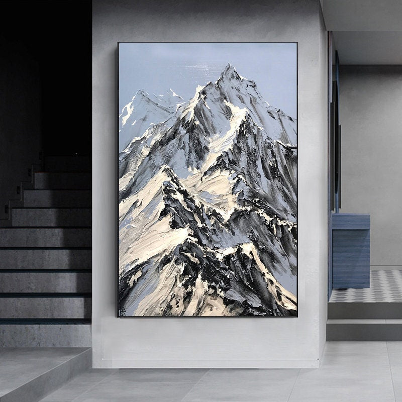 Abstract Snowy Mountain Canvas Wall Art, Large Original Landscape Oil Painting on Canvas, Modern Textured Painting for Living Room Bedroom