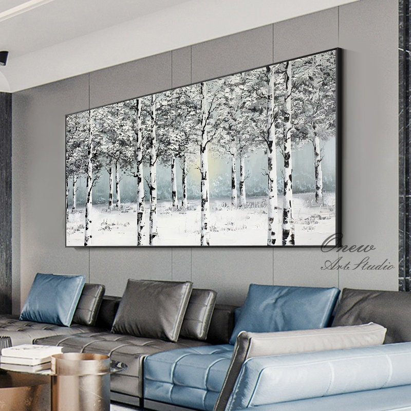 Original Birch Trees Canvas Wall Art, Abstract Snow Landscape Oil Painting on Canvas, Modern Forest Wall Art for Living Room, Home Décor