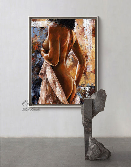 Original African Women Figure Canvas Art, Impressionist Naked Women Painting on Canvas, Modern Female Nude Wall Art Painting for Living Room