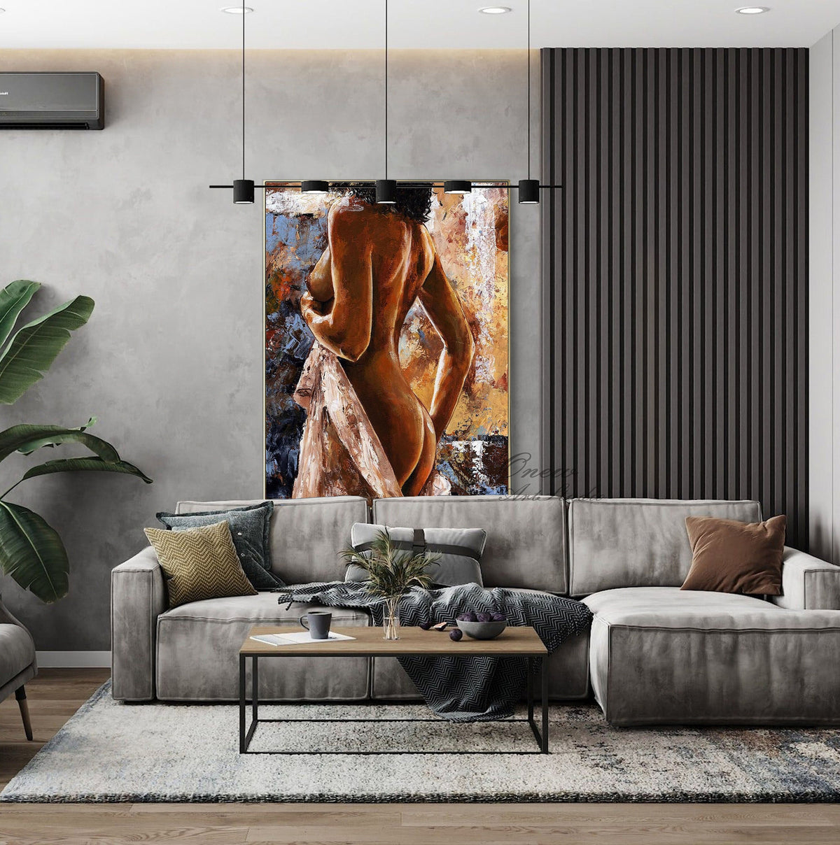 Original African Women Figure Canvas Art, Impressionist Naked Women Painting on Canvas, Modern Female Nude Wall Art Painting for Living Room