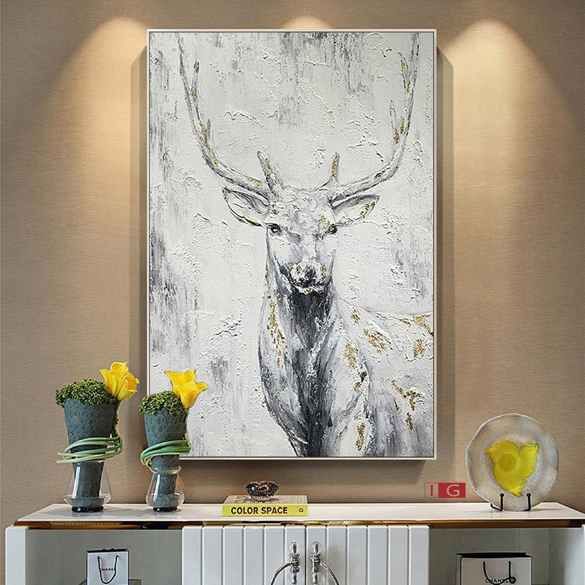 Abstract Deer Painting – Large Animal Canvas Art – Abstract Animal Art