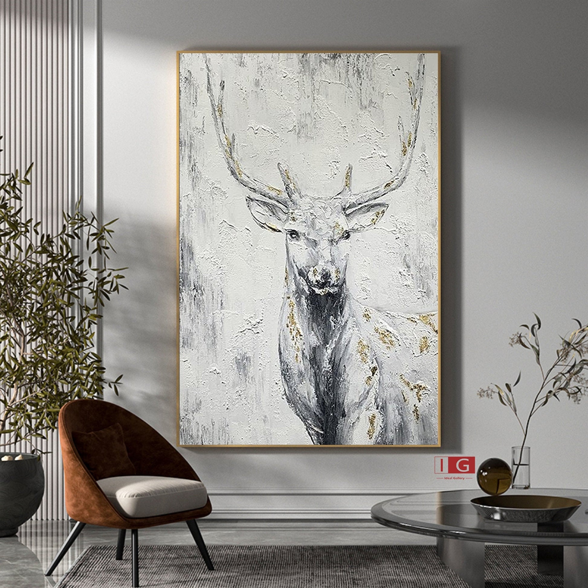 Abstract Deer Painting – Large Animal Canvas Art – Abstract Animal Art