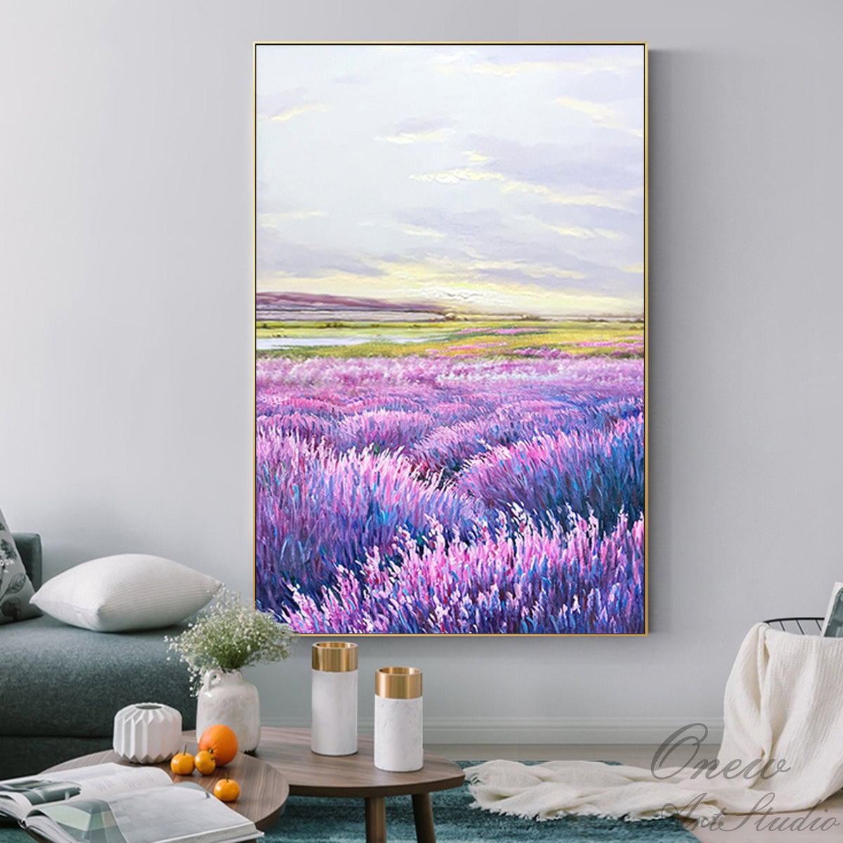 May include: A painting of a field of purple lavender flowers with a green river and a blue sky in the background.