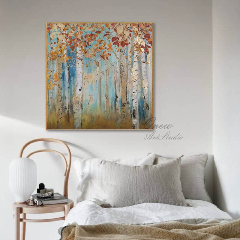 Abstract Birch Trees Canvas Wall Art, Original Aspen Trees Oil Painting on Canvas, Modern Autumn Landscape Painting for Living Room Bedroom