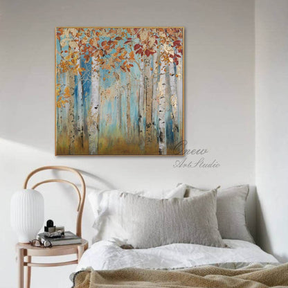 Abstract Birch Trees Canvas Wall Art, Original Aspen Trees Oil Painting on Canvas, Modern Autumn Landscape Painting for Living Room Bedroom