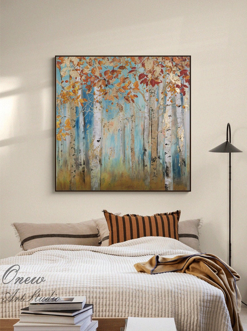 Abstract Birch Trees Canvas Wall Art, Original Aspen Trees Oil Painting on Canvas, Modern Autumn Landscape Painting for Living Room Bedroom