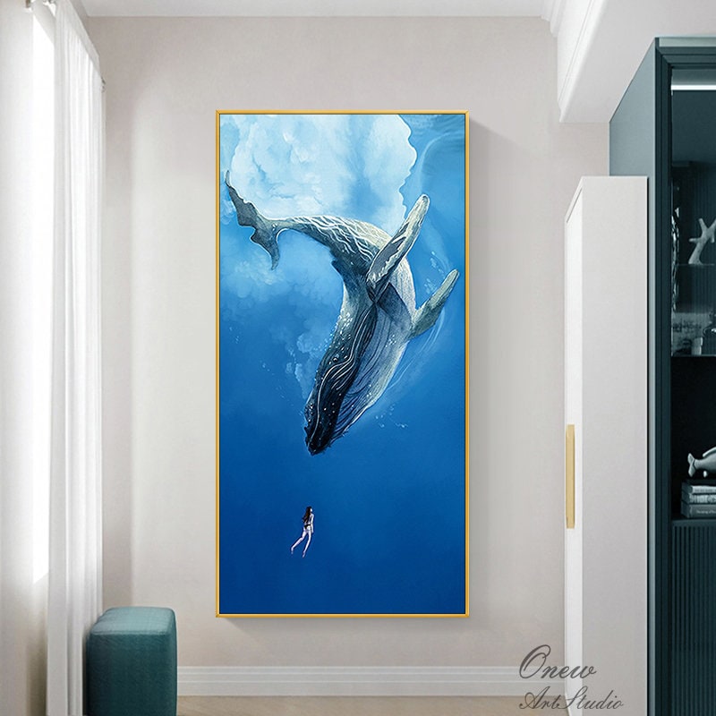 Original Humpback Whale Oil Painting on Canvas, Large Abstract Ocean Canvas Wall Art, Modern Animal Wall Art for Living Room, Bedroom Decor