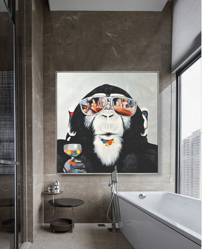 May include: A black and white painting of a monkey wearing sunglasses and holding a glass of wine. The monkey has a colorful beaded necklace and the sunglasses reflect a cityscape.