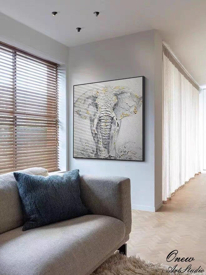 Abstract Elephant Oil Painting on Canvas, Original Hand-painted Elephant Canvas Wall Art, Modern Animal Wall Art for Living Room, Home Décor