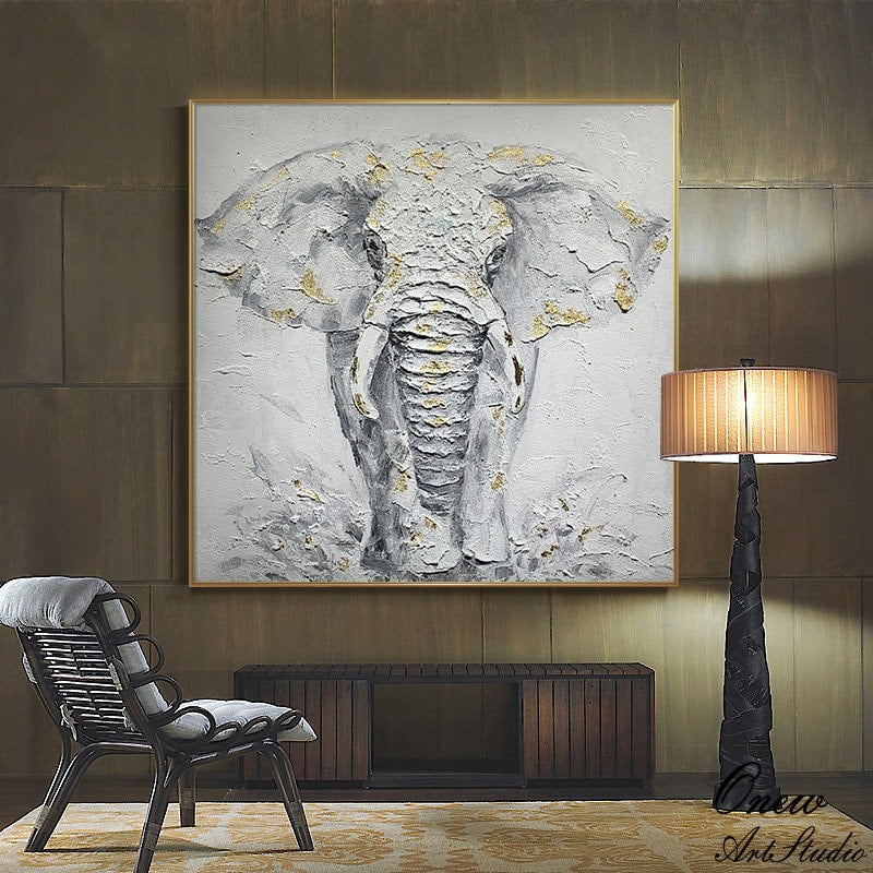 Abstract Elephant Oil Painting on Canvas, Original Hand-painted Elephant Canvas Wall Art, Modern Animal Wall Art for Living Room, Home Décor