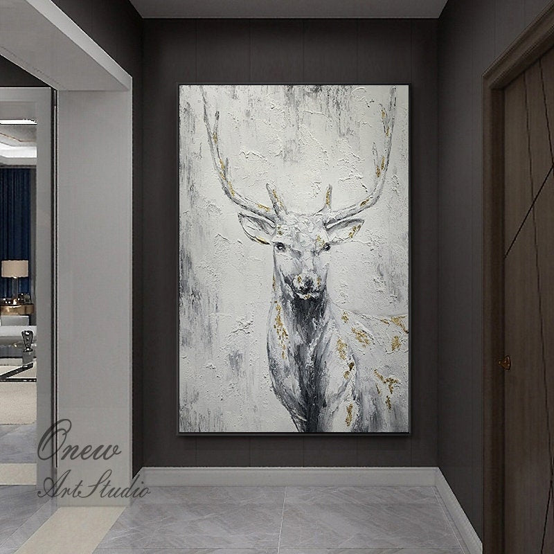 Large Abstract Deer Oil Painting on Canvas, Original Hand-painted Stag Canvas Wall Art, Modern Animal Painting for Living Room,bedroom Décor