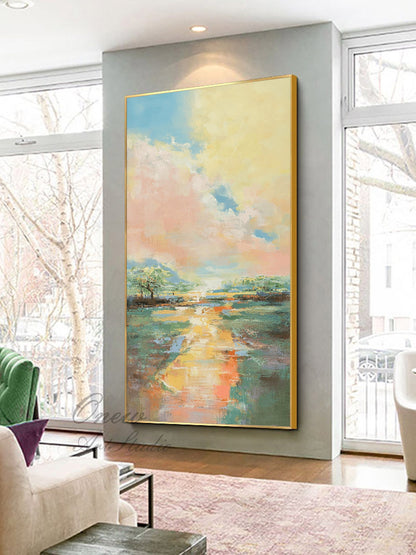 Large Abstract Landscape Oil Painting on Canvas, Original Colorful Clouds Canvas Wall Art, Modern Nature Wall Art for Living Room,home Décor