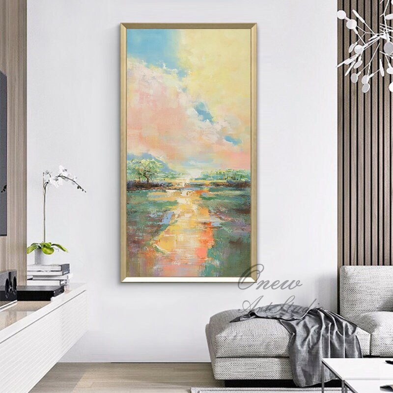 Large Abstract Landscape Oil Painting on Canvas, Original Colorful Clouds Canvas Wall Art, Modern Nature Wall Art for Living Room,home Décor