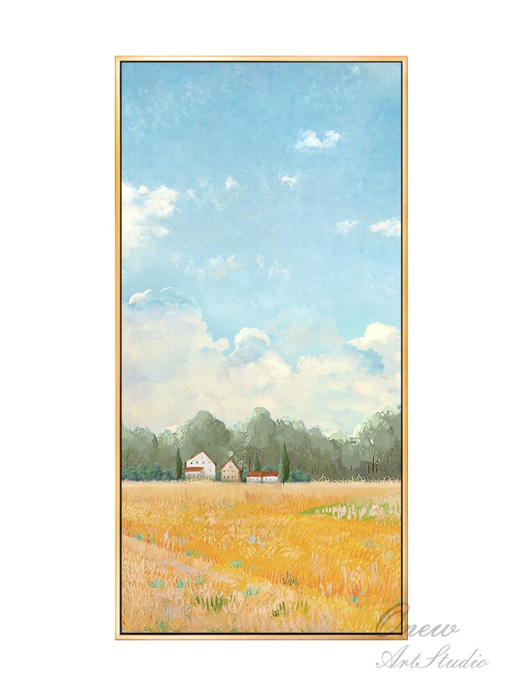 Impressionist Golden Wheat Field and Clouds Oil Painting on Canvas, Original Landscape Canvas Wall Art, Modern Nature Art for Living Room
