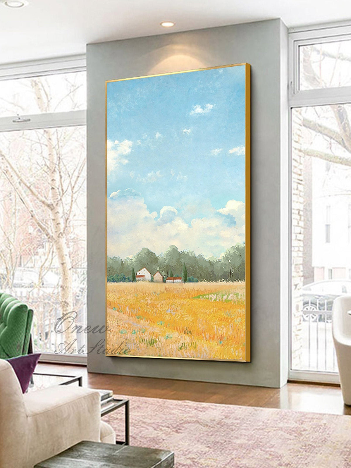 Impressionist Golden Wheat Field and Clouds Oil Painting on Canvas, Original Landscape Canvas Wall Art, Modern Nature Art for Living Room
